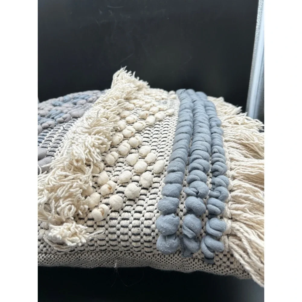 Decorative Pillow Chunky Woven Pillow 20x20 Blue‎ Beige Cream Boho Fringe